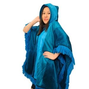 Alpaca Fringed Poncho with hood - Teal - One Size